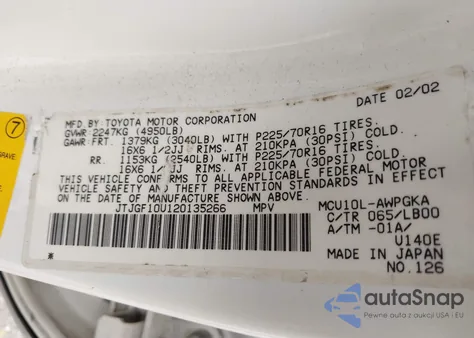 2002 Lexus Rx 300 from USA, damaged, VIN JTJGF10U120135266